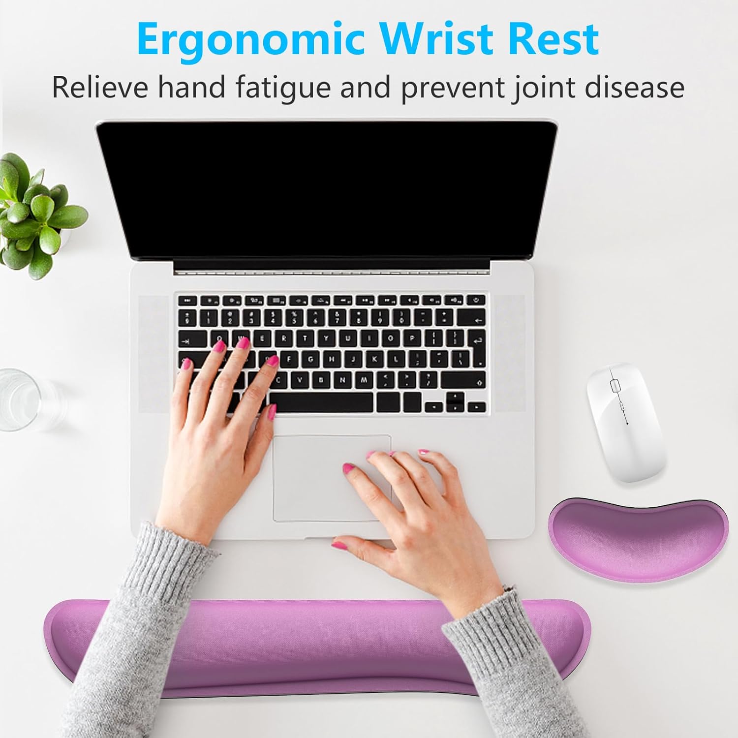 Dapesuom Enlarge Keyboard Wrist Rest, Memory Foam Wrist Cushion for Desk Mats Support, Cute Typing Pain Relief Keyboard Mouse Pad Rests Set with Non-Slip Base for Gaming Laptop Office, Radiant Orchid
