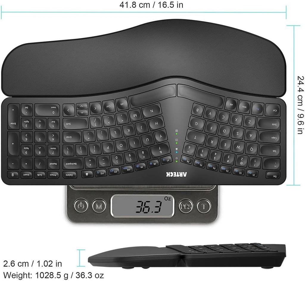 Arteck Split Ergonomic Keyboard with Cushioned Wrist and Palm Rest, 2.4G USB Wireless Comfortable Natural Ergonomic Split Keyboard, for Windows Computer Desktop Laptop