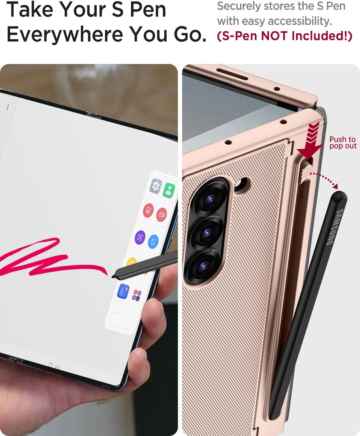 Miimall for Samsung Galaxy Z Fold 6 Case with S Pen Holder Slot [Military Grade Drop][Built-in Privacy Screen & Invisible Kickstand] Slim Thin Protective Phone Case for Galaxy Z Fold 6 5G Cover Gold