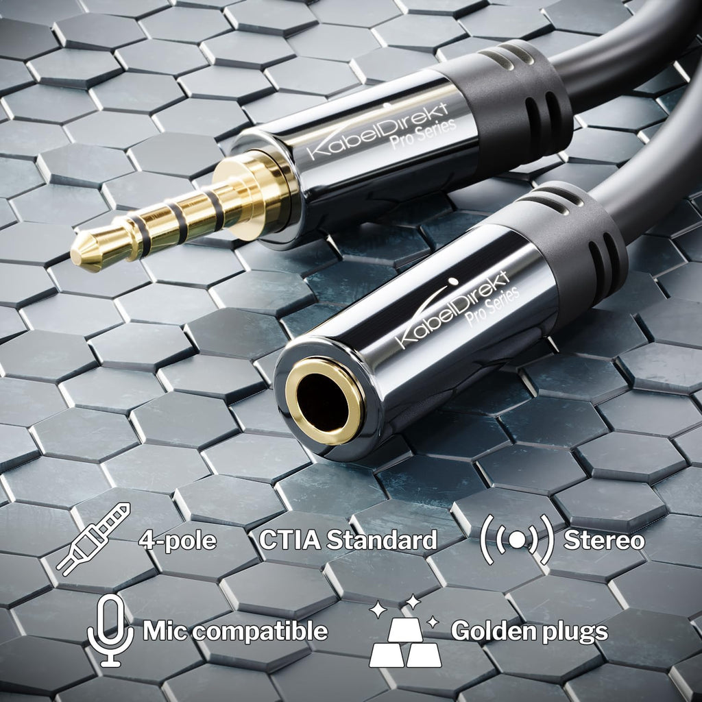 KabelDirekt – Headset Extension Cable – 15ft – Headphone Extension Cord with Break-Proof Metal Plug for Gaming Headsets & Headphones with Microphone, TRRS, 4-Pole, 3.5mm Male to Female