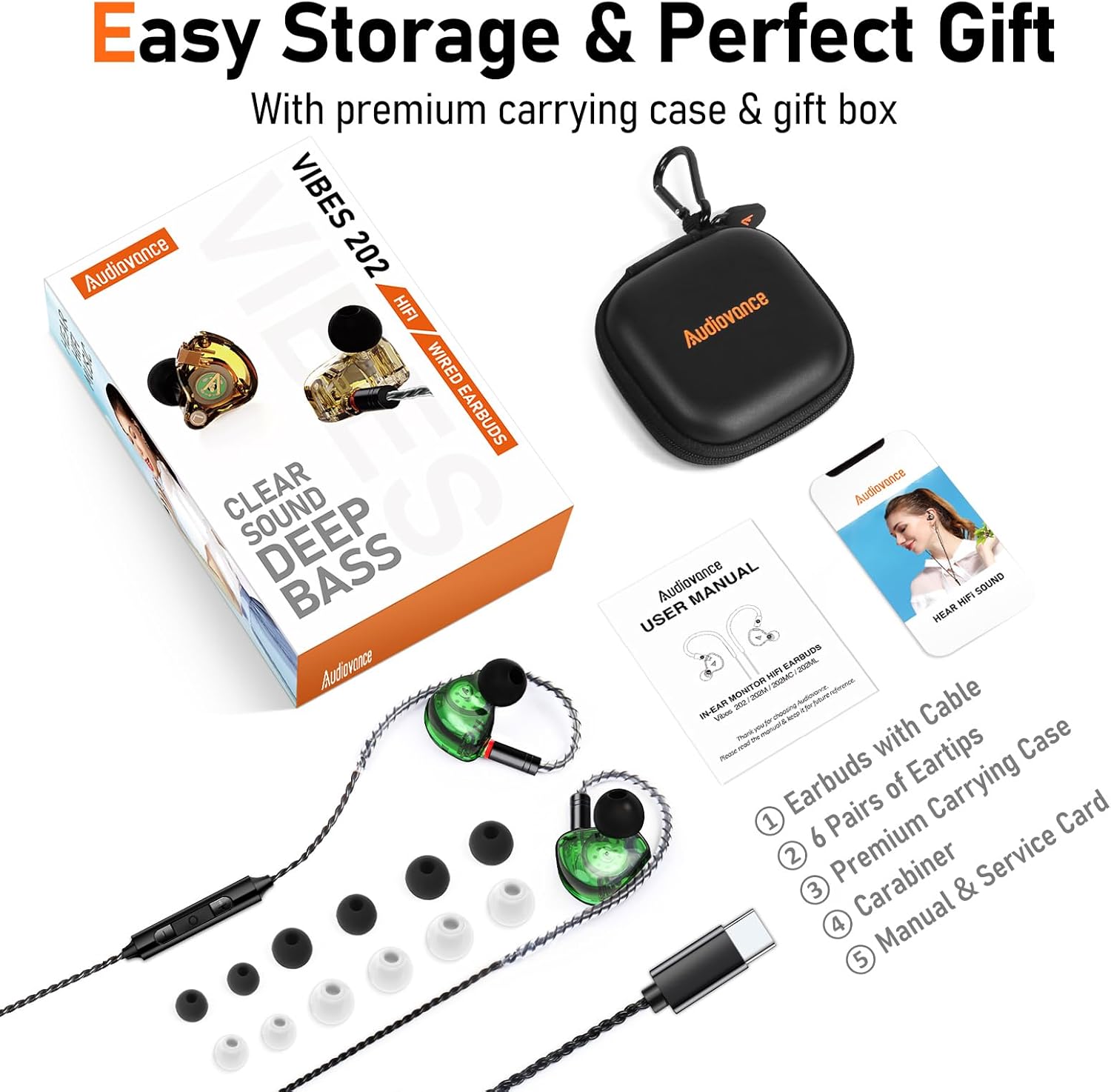 Vibes 202MC USB-C Wired Earbuds - HiFi in Ear Monitor Headphones - Noise Isolating Ear Buds w/ Mic - Clear Sound, Deep Bass & Comfort-Fit Earphones - MMCX to USBC, Silver Plated Cord, Carrying Case