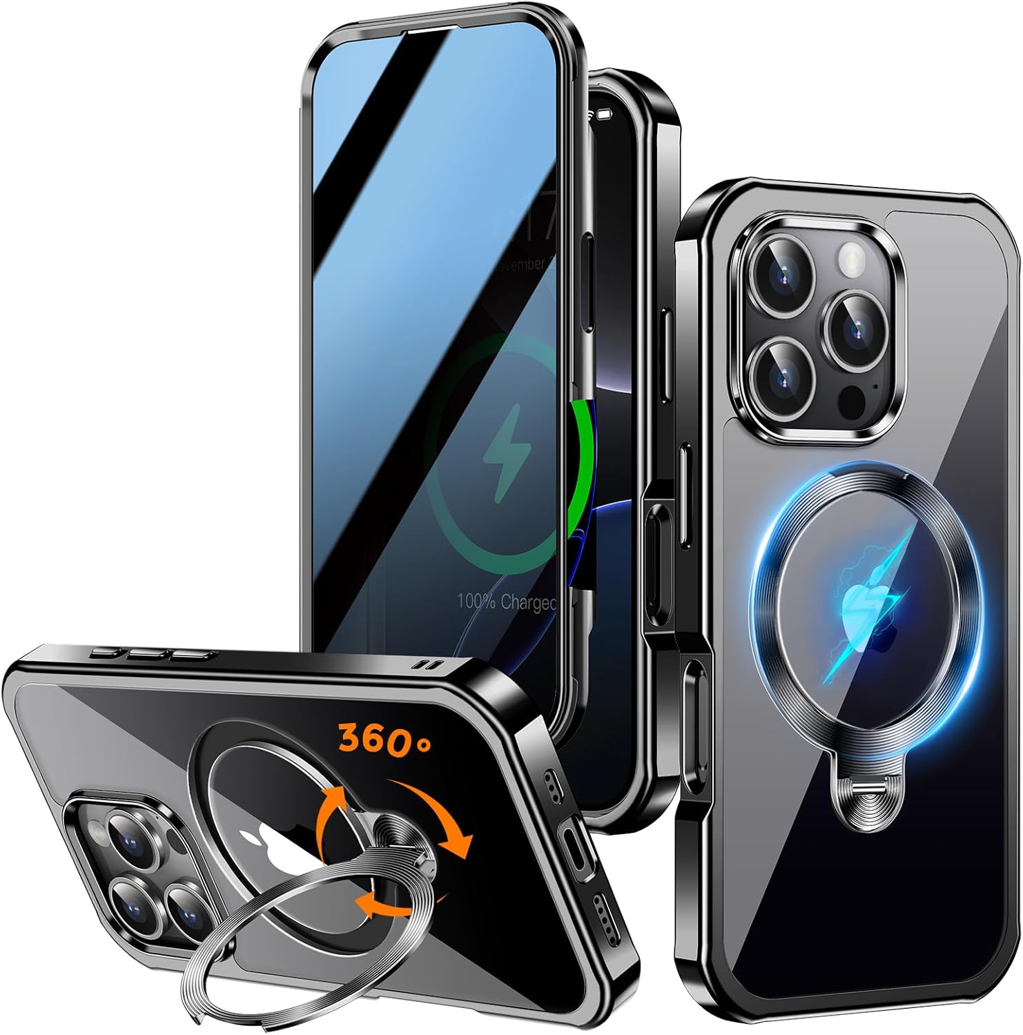 [360° Rotatable CD Stand & Built-in Privacy Screen Magnetic Case for iPhone 16 Pro [Compatible with MagSafe & Full Signal] Mil-Grade Shockproof Full Body Anti-Spy Cover for 16 Pro-Black