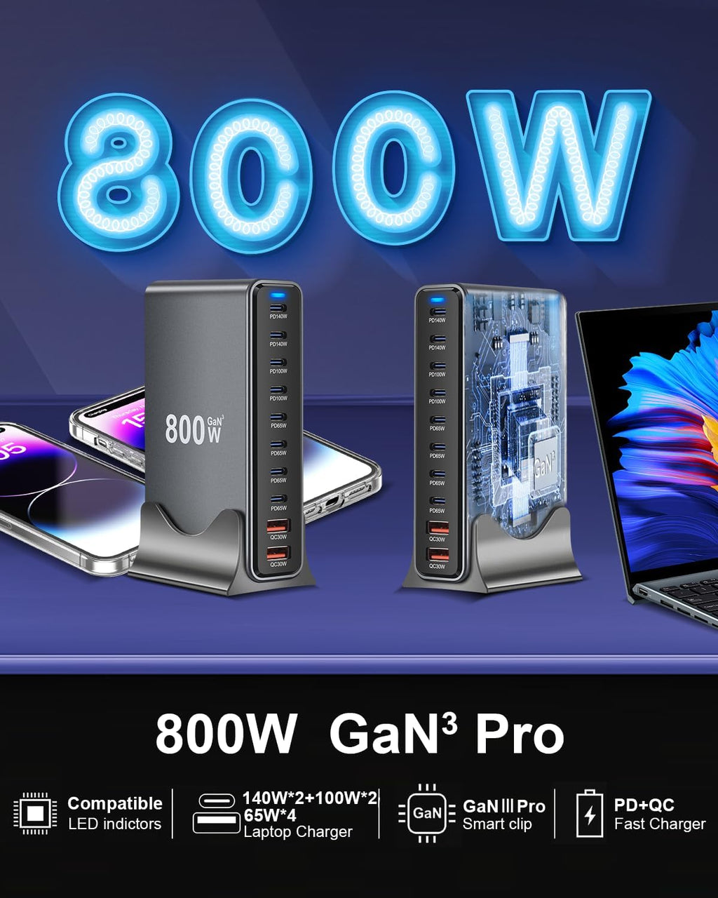 800W USB C Fast Charger Block, 10 Port USB Charging Station, GaN Ⅲ Pro Dual 140W PD PPS Port for Multiple Devices,Laptop Wall Charger Compatible with DELL, HP, MacBook Pro,iPhone 16,Galaxy S24