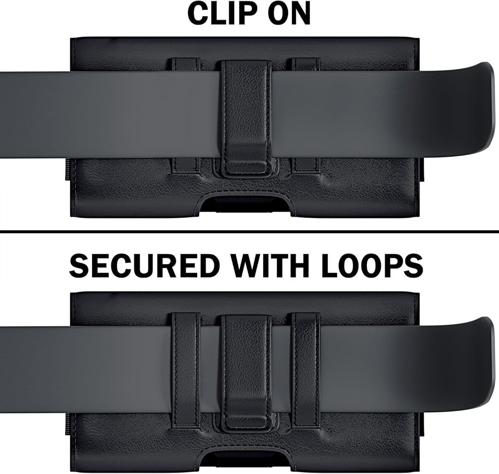 Holster for iPhone 16 16e Pro 15 14 13 12 11 10 XR Xs X, Samsung Galaxy S25 S24 S23 5G - Cell Phone Belt Holder Case with Clip - ID Card Magnetic Pouch - Black
