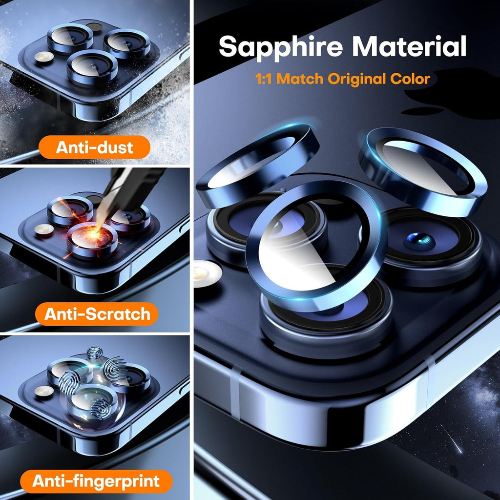 Camera Lens Protector for iPhone 16 Pro Max/16 Pro/15 Pro Max/15 Pro/14 Pro Max/14 Pro, Sapphire Glass Metal Individual Camera Cover Screen, Anti-drop, Case Friendly- Blue Titanium