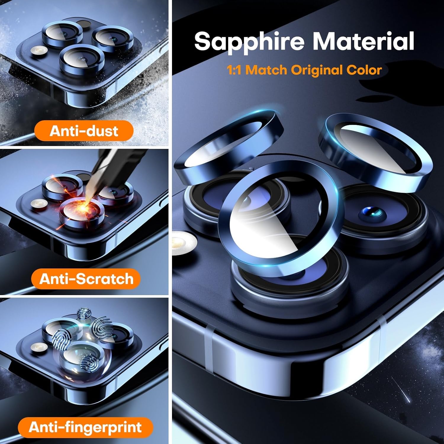 Camera Lens Protector for iPhone 16 Pro Max/16 Pro/15 Pro Max/15 Pro/14 Pro Max/14 Pro, Sapphire Glass Metal Individual Camera Cover Screen, Anti-drop, Case Friendly- Blue Titanium