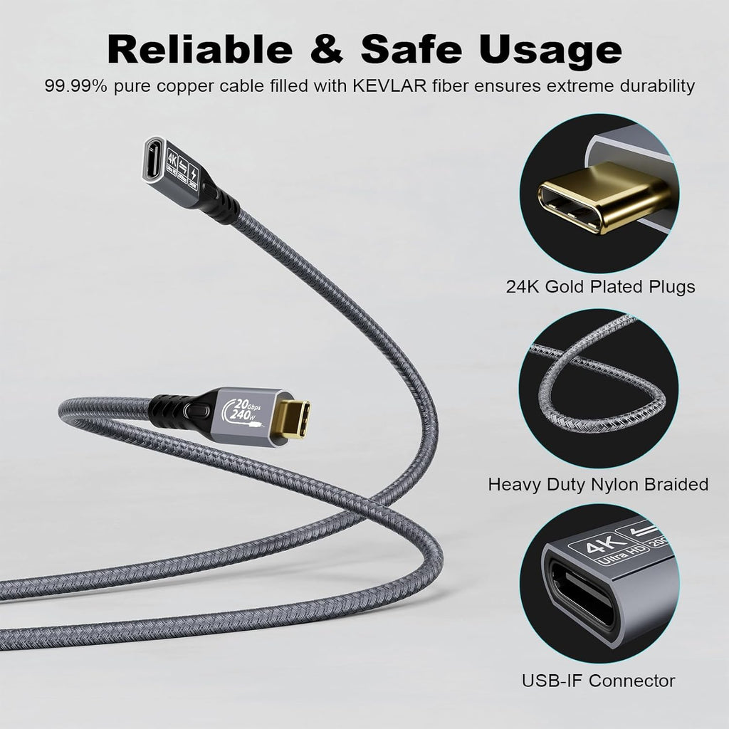 Type C Cable, 240W 48V/5A USBC to USB C 3.2 Gen2×2 Extension Cable, 20Gps Male Female Extender Cable, 4K@60Hz Dual C Video Cord for MacBook Pro, Dell, Arzopa, Galaxy, Portable Monitor