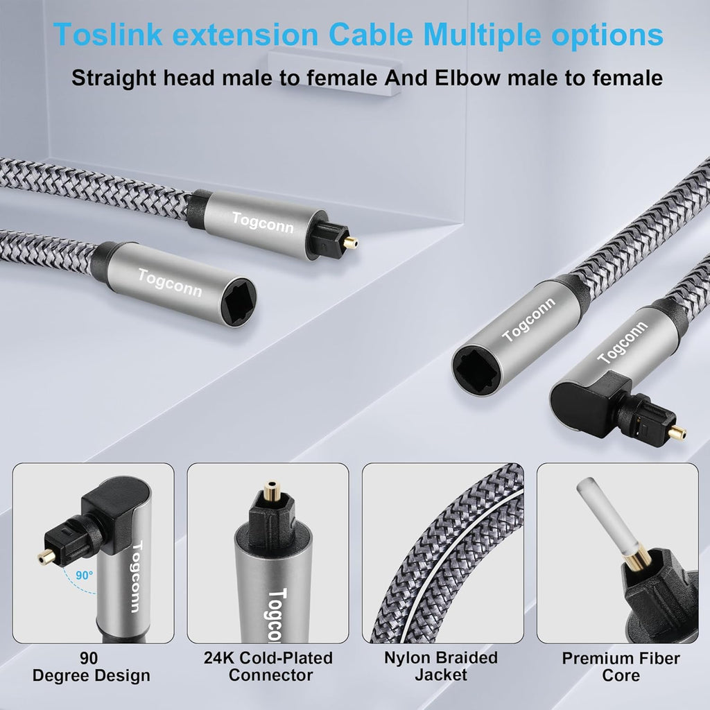Optical Extension Fiber Digital Cable Adapter 0.6 Feet（2 Pack）, 90 Degree Right Angle & Straight Male to Female Coupler, Toslink Audio Cable, Nylon Braided for Home Theater, Soundbar, TV and More