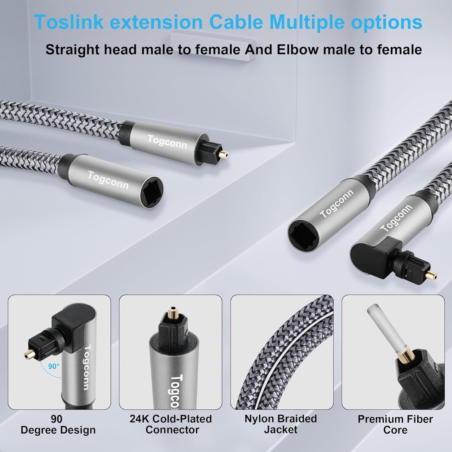 Optical Extension Fiber Digital Cable Adapter 0.6 Feet（2 Pack）, 90 Degree Right Angle & Straight Male to Female Coupler, Toslink Audio Cable, Nylon Braided for Home Theater, Soundbar, TV and More