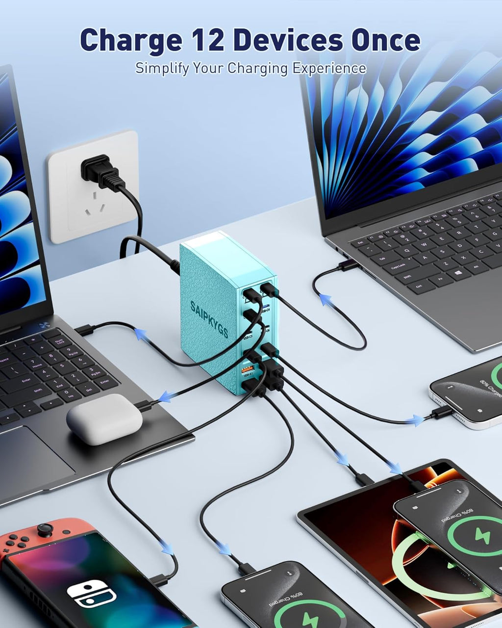 Charging Station (600W),12-Port USB C Charger Block with Dual 100W PD USB-C Fast Charging Station Hub for MacBook Pro/Air/All iPad iPhone 17/16 15/14/13/Pro Max/Samsung Galaxy Note(Green)