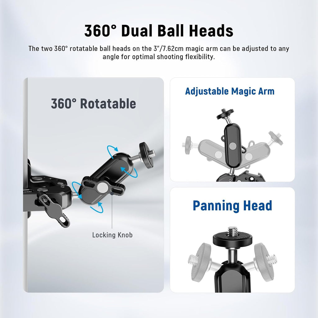 NEEWER Super Clamp with 3" Dual Ballhead Magic Arm, Camera Phone Clamp Mount with 1/4" 3/8" Threads, Cold Shoe, Phone Holder, Action Camera Adapter Compatible with GoPro DJI iPhone 16 15 Pro Max, ST88