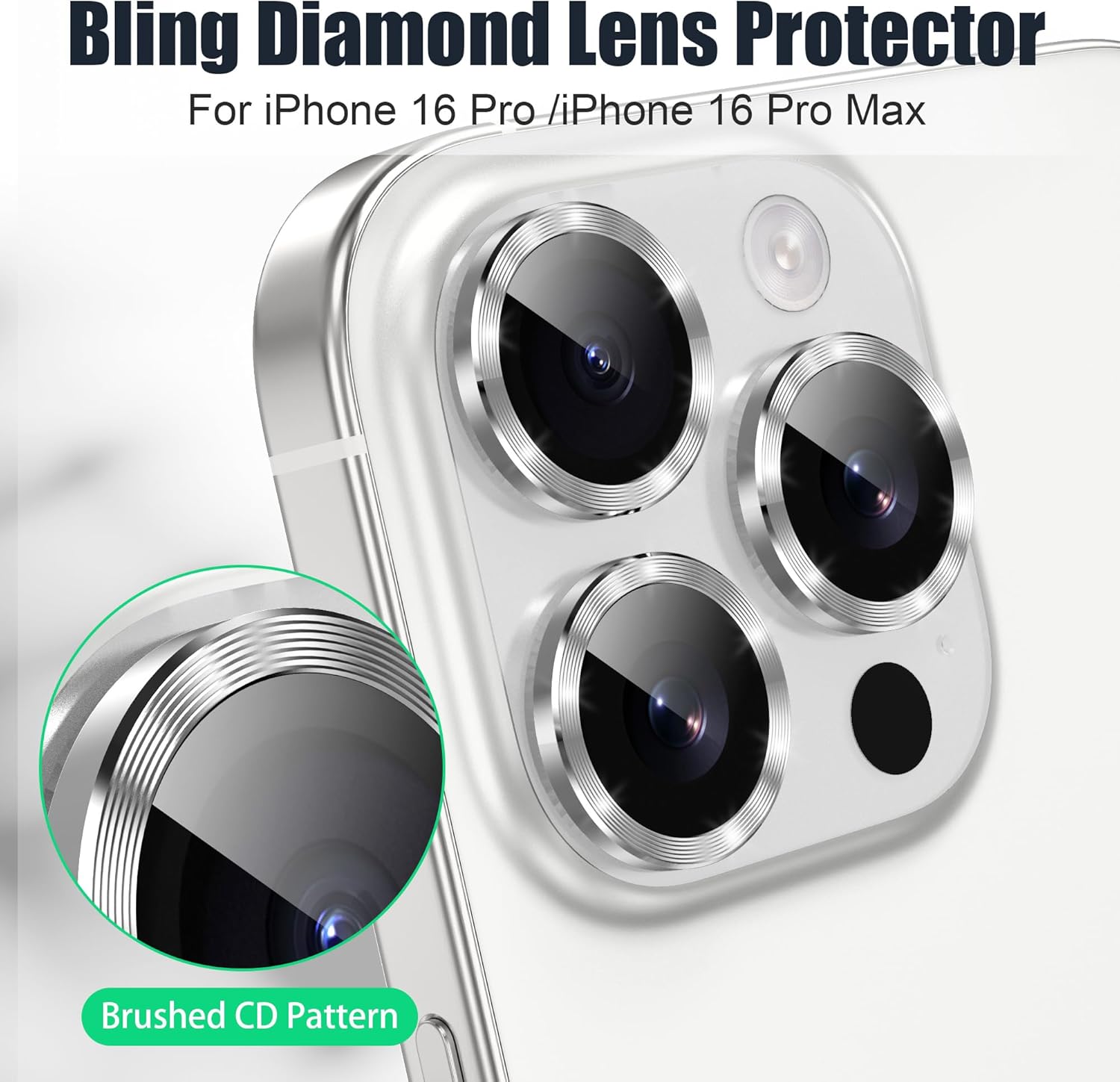 AGVEE 3+3 6 Pack for iPhone 16 Pro 6.3" / 16 Pro Max 6.9" Camera Lens Cover Protector, Bling Glitter & CD-Textured Metal Ring 9H Tempered HD Glass Camera Cover Protector Film, Glitter-Silver