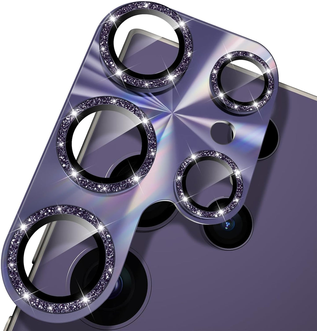 YWXTW Camera Lens Protector for Samsung Galaxy S24 Ultra, [Lithography Laser Gradient] [5X Strengthen] Bling Glitter Tempered Glass Screen Protector Metal Ring Camera Lens Cover (Titanium Violet)