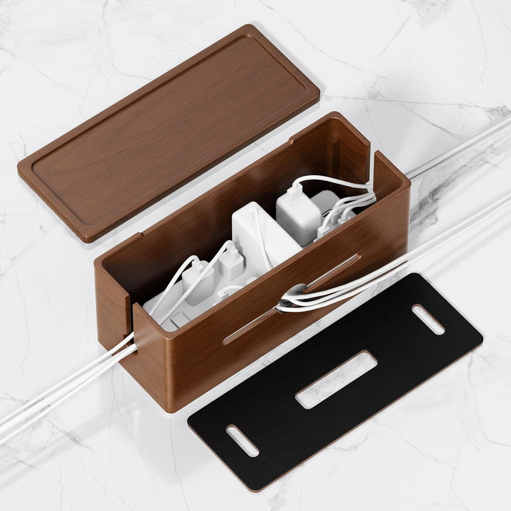Extra Large Cable Management Box – Brown Double Layer Wooden Cord Organizer with Divider for Desk, TV Stand, Kitchen, and Office （NO Power Strips or Chargers）