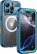 Lanhiem Magnetic for iPhone 16 Pro Case, IP68 Waterproof Dustproof Case, [Compatible with Magsafe] [Built-in Screen Protector] Full Body Heavy Duty Rugged Phone Cover 6.3 inch, Blue/Clear