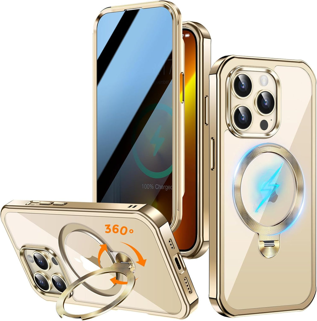 [360° Rotatable CD Stand & Built-in Privacy Screen Magnetic Case for iPhone 13 Pro [Compatible with MagSafe & Full Signal] Mil-Grade Shockproof Full Body Anti-Spy Cover for 13 Pro-Gold