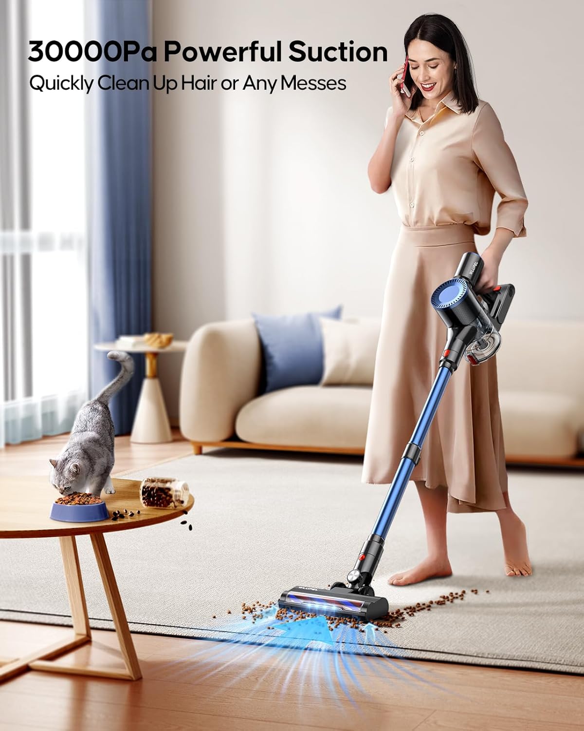 WLUPEL Cordless Vacuum Cleaner, 30KPA 400W Powerful Stick Vacuum with 45Mins Detachable Battery, 80000RMP Lightweight Handheld Vacuum with Adjustable Suction Modes for Hard Floor/Carpet/Pet Hair/Car
