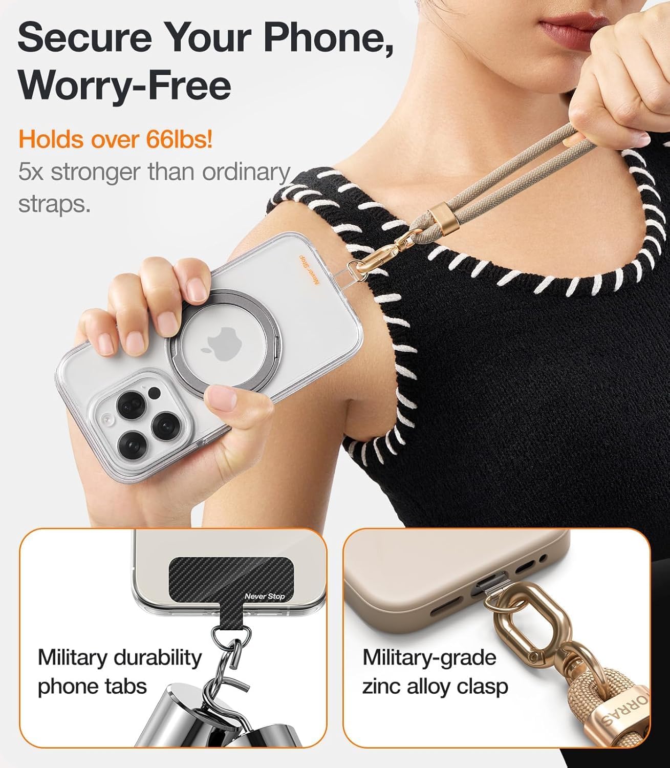 TORRAS Phone Lanyard Crossbody with 2 Phone Tabs, Adjustable Anti Theft Strap for All Cellphone, Premium Metal Buckles, Skin-Friendly, Universal Cellphone Neck lanyard for Travel Essentials, Beige