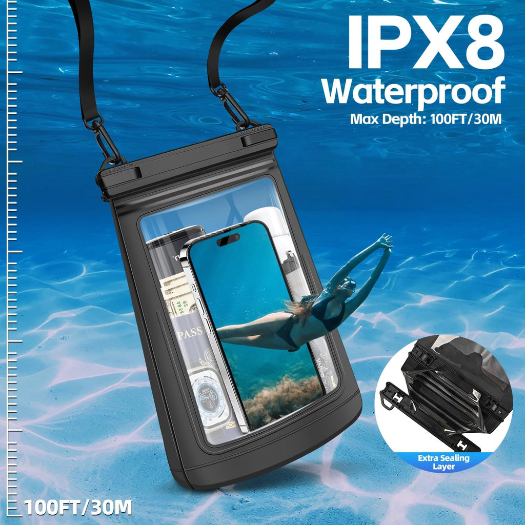 Large Waterproof Phone Pouch，Double Sealing Floating Waterproof Bag Cell Phone Dry Bag Up to 7.5", Beach Vacation Essentials Water Park Essentials(Black)