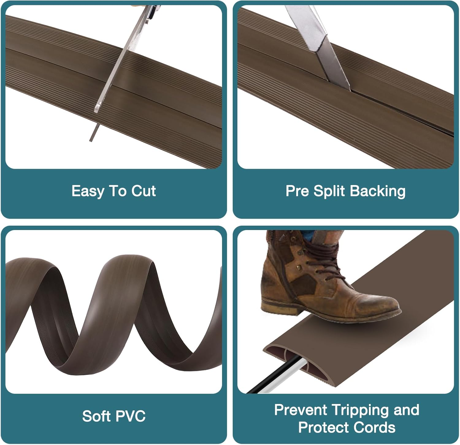 Floor Cord Cover, Cable Protector, 0.63W x 0.31H inches, Wire Cover for Extension Cords, Floor Cable Covers Prevent Cable Trips (Brown, 50-10 Feet)