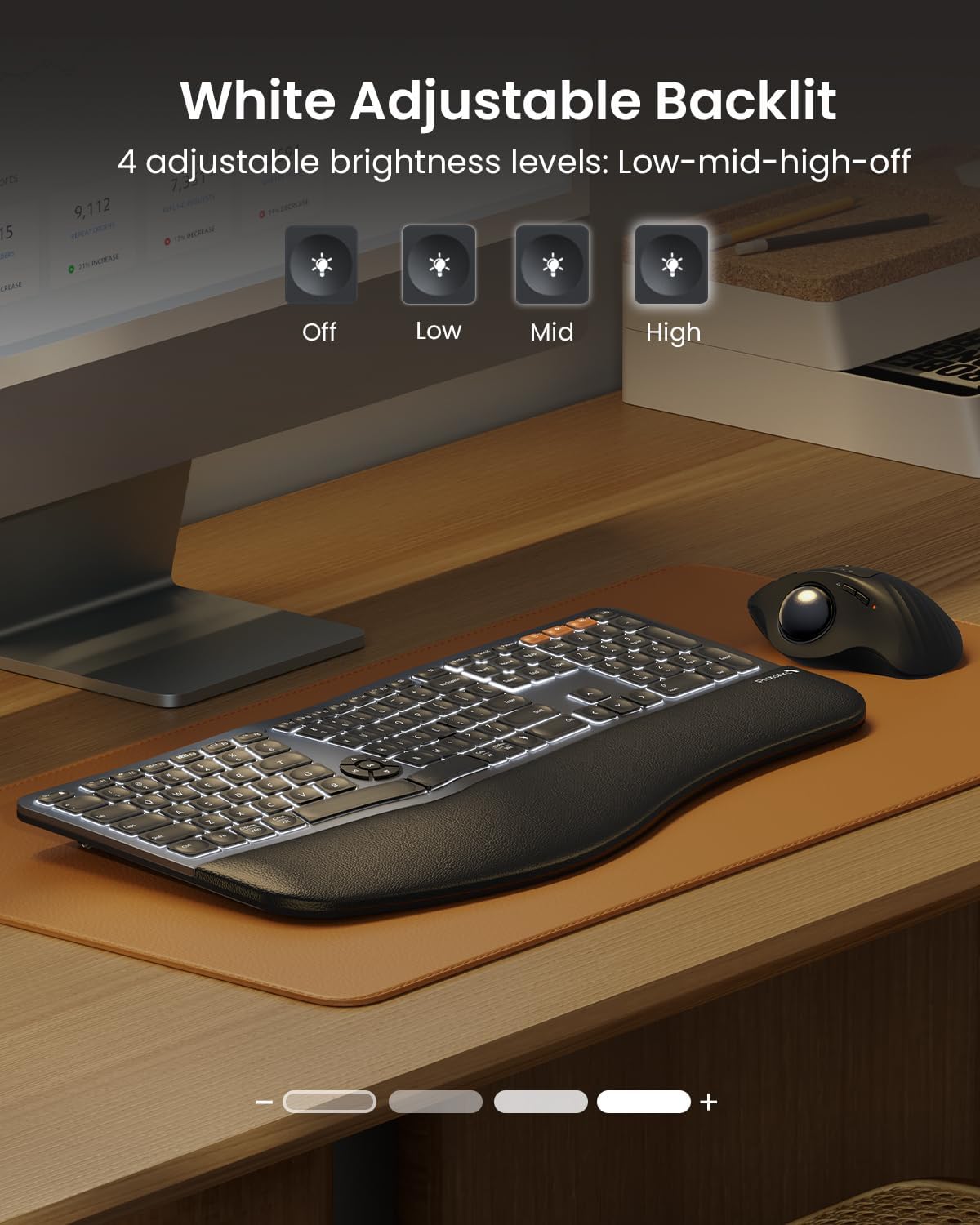 Backlit Bluetooth Ergonomic Keyboard, ProtoArc EK01 Plus Full Size Wireless Split Keyboard with Dual Bluetooth and USB, Cushioned Wrist Rest, Rechargeable for Windows/Mac/Android, Grey Black