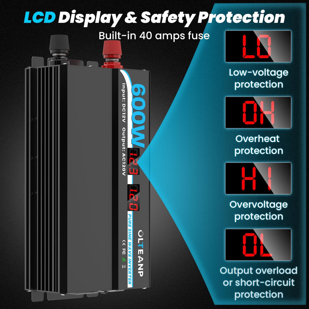 600W Power Inverter Pure Sine Wave Inverter 12V DC to 120V AC Converter for Car, Truck, Home, Vehicles, Laptop, Car Inverter 12V to 110V with 2 AC Outlets, 2 USB Ports, LCD Display