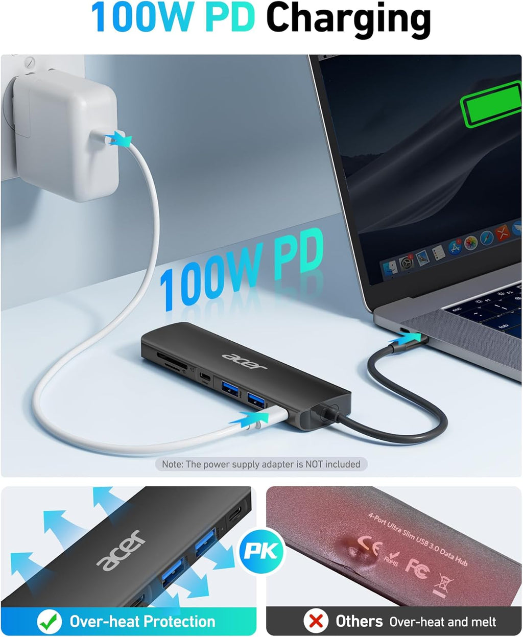 Acer USB C Hub, 7 in 1 USB C to HDMI Dock, 2 USB 3.1 GEN1 and 5Gbps Type-C Data Port, 4K HDMI Port, PD 100W Charging, SD Card Reader, for iPad Pro MacBook Pro Acer Laptops and More (Black)