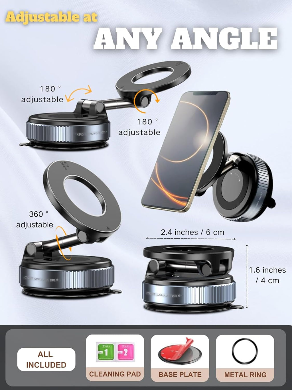 Car Phone Holder for Magsafe, 360° Adjustable Vacuum Magnetic Phone Mount with 3000gf Magnetic Grip & 40LBS Suction Cup, Shockproof Design for All Smartphones