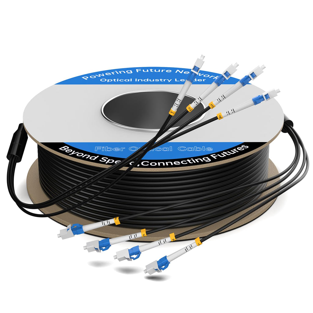 50M/165FT Outdoor Armored LC to LC Fiber Optic Cable, 4 Core OS2 Single Mode 9/125μm, Industrial TPU Jacket, OD 5mm, 4 Strands, SMF, Direct Burial, Heavy-Duty LC-LC Patch Cord for Harsh Environments