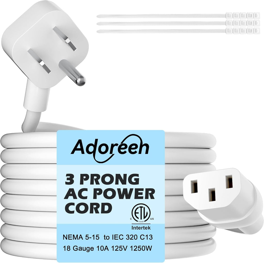 Adoreen 4 Ft Computer TV Replacement Power Cord White, Low Profile Flat Plug 18AWG 3-Prong AC Universal Power Supply Cable NEMA 5-15P to IEC 320 C13 for Printer, PC, Monitor TV LCD, ETL+Ties