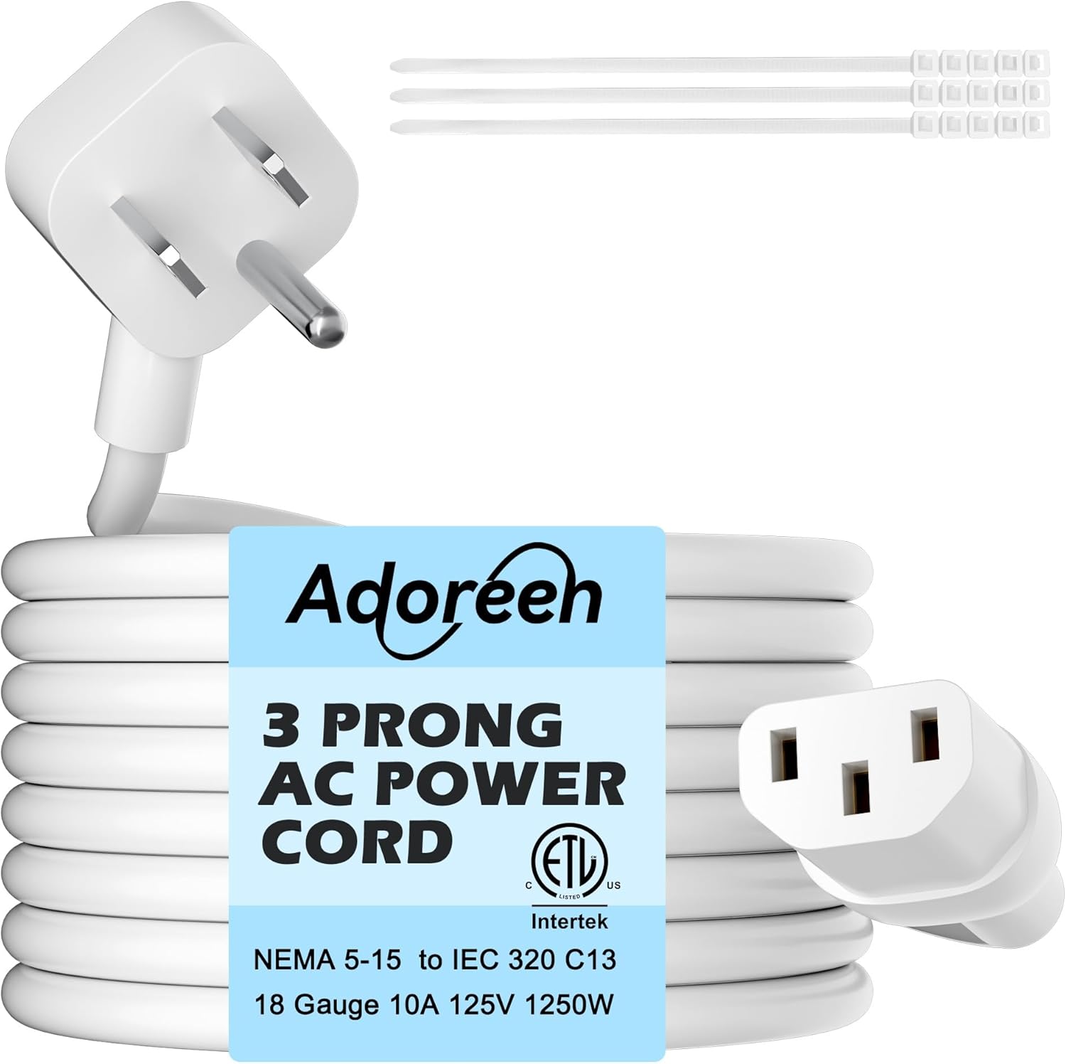 Adoreen 4 Ft Computer TV Replacement Power Cord White, Low Profile Flat Plug 18AWG 3-Prong AC Universal Power Supply Cable NEMA 5-15P to IEC 320 C13 for Printer, PC, Monitor TV LCD, ETL+Ties