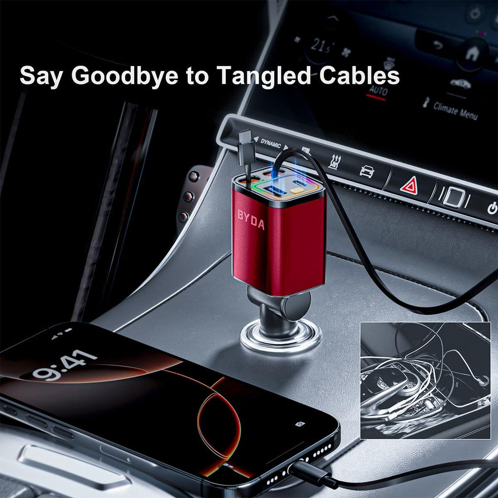 [2025 Mirco-Version] 4 in 1 Retractable Car Charger,69W Car Charger USB C,Cigarette Lighter Adapter,Fast Charging for iPhone 16e/16/15/14,13,Android (Red, for Lightning+USB-C)