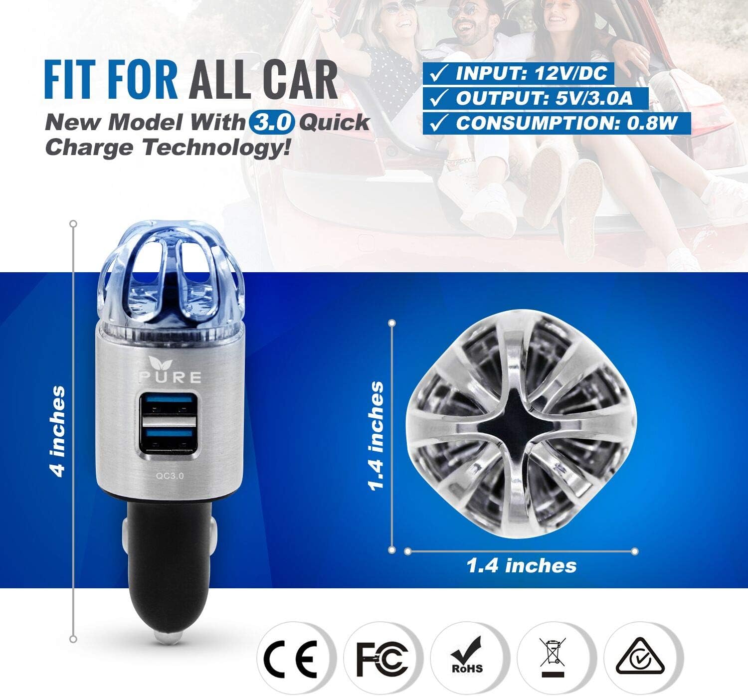 Car Air Purifier 3in1 Premium Stainless Steel Air Filter Ionizer w/Dual USB Quick Charge 3.0 USB-Eliminate Allergens Odor Smell, Smoke, Pets, Pollen Mold Bacteria w/Anti-Microbial Deodorizer (Silver)