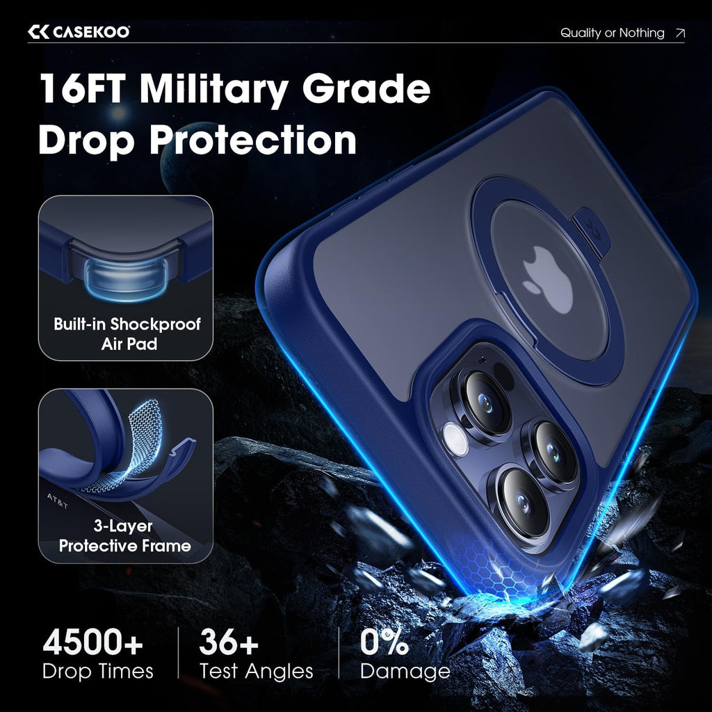 CASEKOO Designed for iPhone 15 Pro Case with Magnetic Invisible Stand [Military Drop Protection] [Compatible with MagSafe] Shockproof Slim Translucent Matte Pro Case 6.1 Inch, Blue