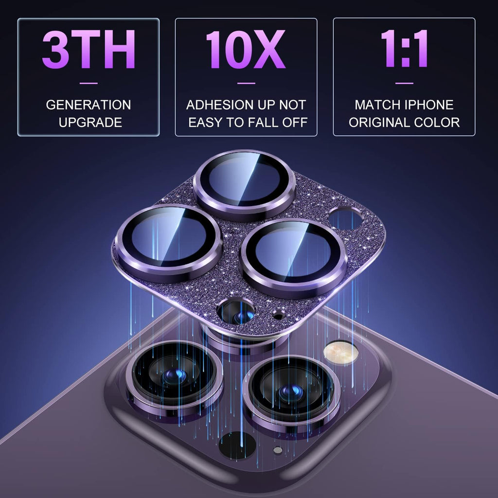 Uyiton for iPhone 14 Pro/iPhone 14 Pro Max Camera Lens Protector, [Drop Protection] 9H Tempered Glass Camera Cover screen Metal Ring Case Friendly Scratch Resistant Easy to Install - Glitter Purple