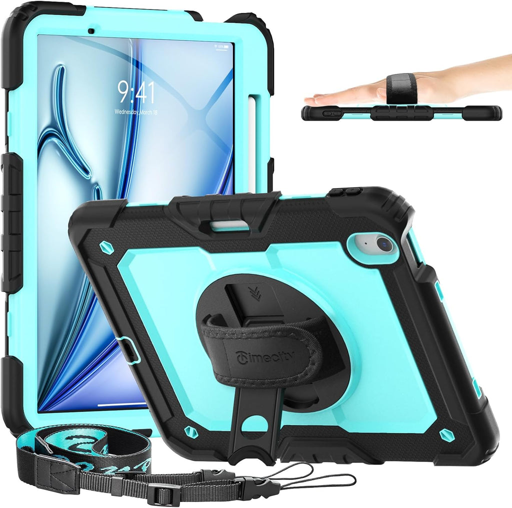 timecity Case for iPad Air 11 Inch M3/ M2 (2025/2024), 360° Rotating Stand, Pencil Holder & Wireless Charging, Shockproof with Screen Protector & Shoulder Strap - for Designers, Blue