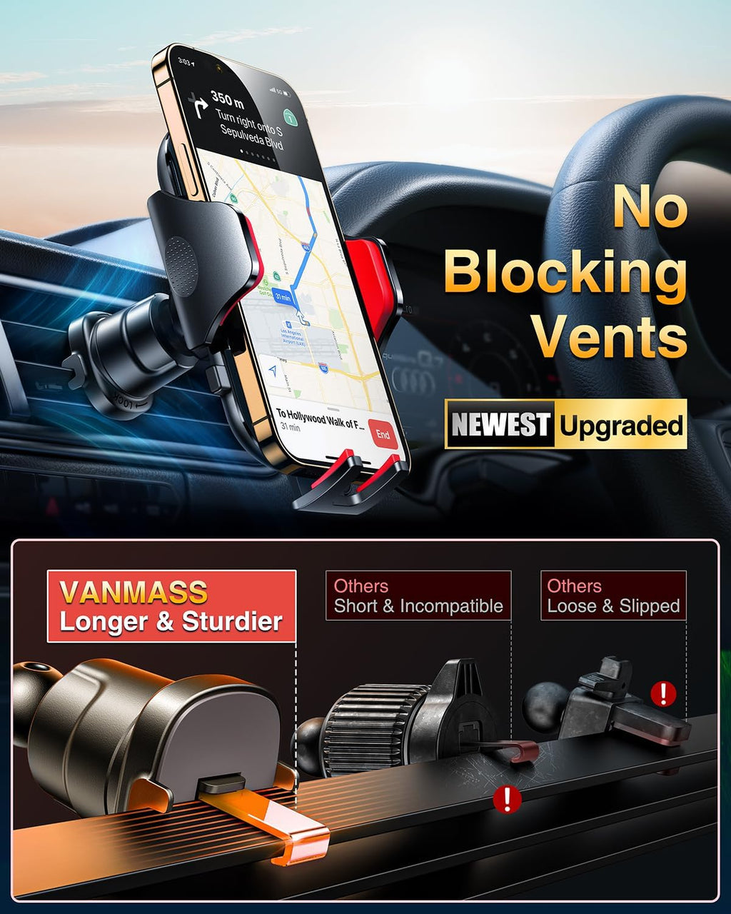 VANMASS [Longest Lasting] True Military-Grade Car Phone Holder Strongest Suction & Clip Cell Mount Dashboard Windshield Vent Automobile Cradle Truck Accessories for iPhone 16 15 Pro Max 14 13 Android