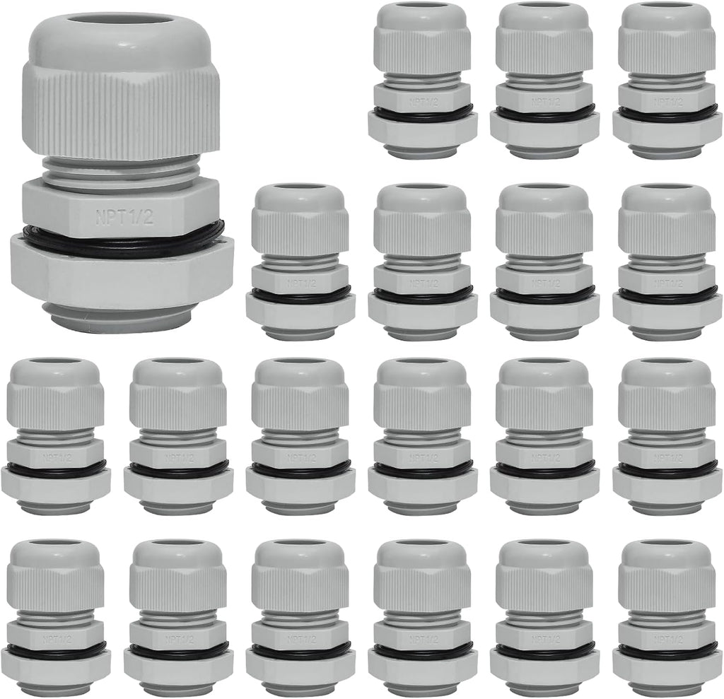 20 Pcs 1/2" NPT Nylon Cable Glands, IP68 Waterproof Adjustable Cord Grip Cable Connector Strain Relief Wire Protectors for 6-12mm Cable Diameter, Grey