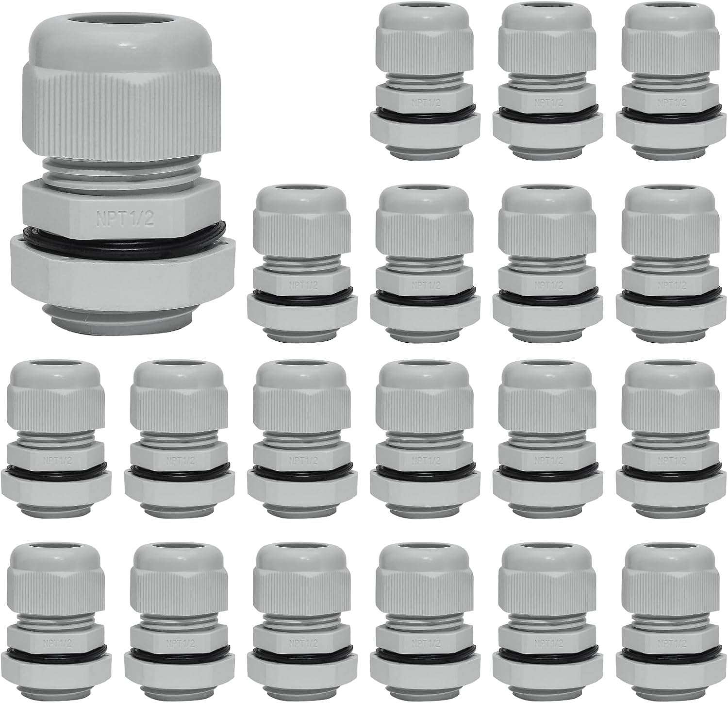 20 Pcs 1/2" NPT Nylon Cable Glands, IP68 Waterproof Adjustable Cord Grip Cable Connector Strain Relief Wire Protectors for 6-12mm Cable Diameter, Grey