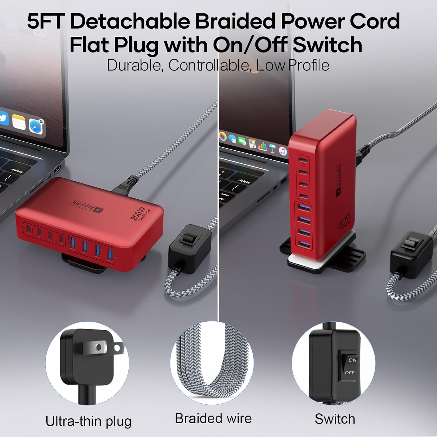 8-Port USB Charger Block 200W with Flat Plug, Braided Power Cord, and On/Off Switch- USB Charging Hub for iPhone, iPad, MacBook and More- 65W C Port Power Adapter for Laptops