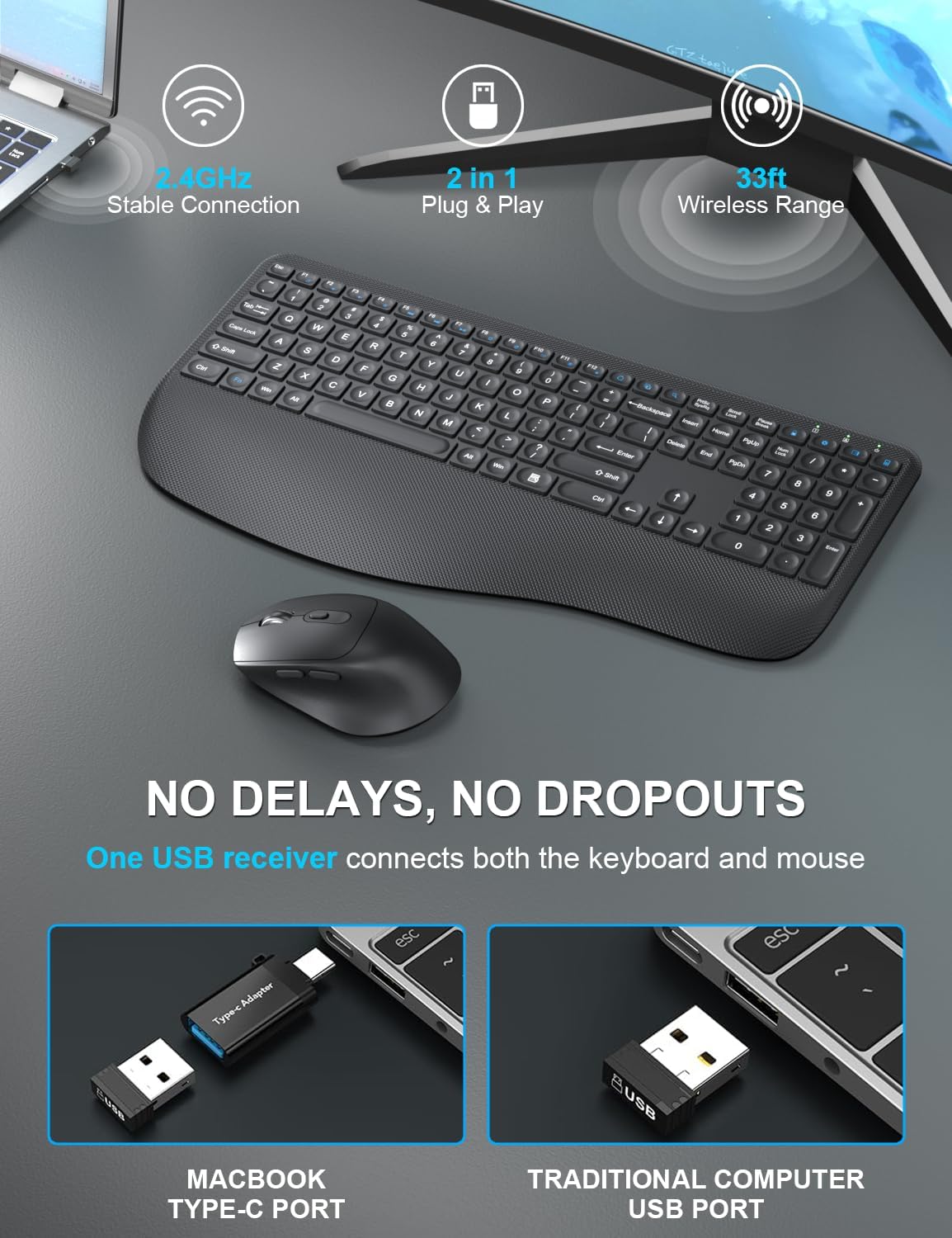 Wireless Keyboard and Mouse Combo, EDJO 2.4G Full-Sized Ergonomic Computer Keyboard with Wrist Rest and 3 Level DPI Adjustable Wireless Mouse for Windows, Mac OS Desktop/Laptop/PC (Carbon Black)