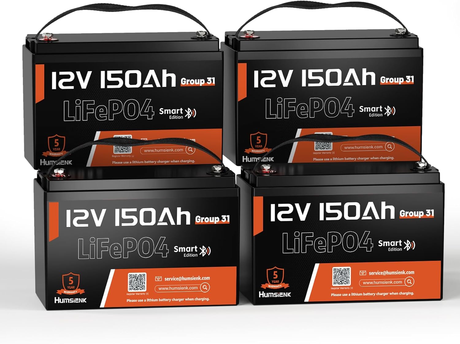 12V 150Ah LiFePO4 Lithium Battery 4 Pack- BCI Group 31 with Bluetooth | Built-in 110A BMS & Low-Temp Protection | 15000+ Deep Cycles for Solar RV Marine Off-Grid
