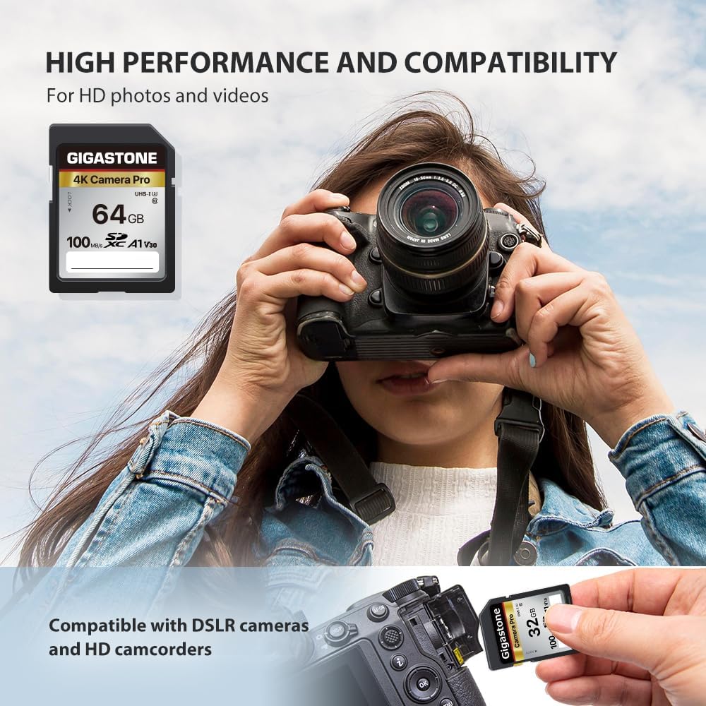 [5-Yrs Free Data Recovery] GIGASTONE 64GB SD Card 2-Pack, 4K Camera Pro, A1 V30 SDXC Memory Card 4K UHD Video Compatible with Canon Digital Camera, with 2 Mini Cases