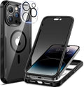 seacosmo for iPhone 14 Pro Case, Full Body Bumper with Built-in 9H Tempered Glass Privacy Screen Protector and Camera Lens Protector, Compatible with MagSafe, Shockproof Phone Cover, 6.1", Black