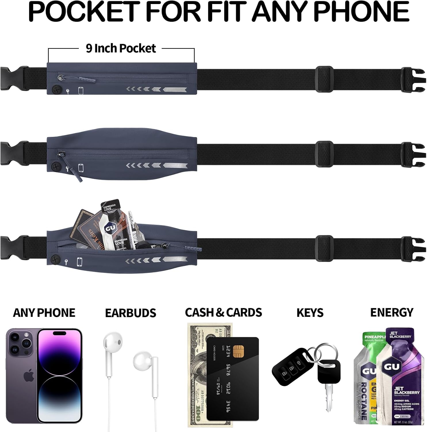 USHAKE Slim Running Belt for Women Men-Runners Phone Holder Fanny Pack, Adjustable, Bounce Free Waist Pouch bag for Workout, Money Belt, Run Gear Accessories Dark Grey