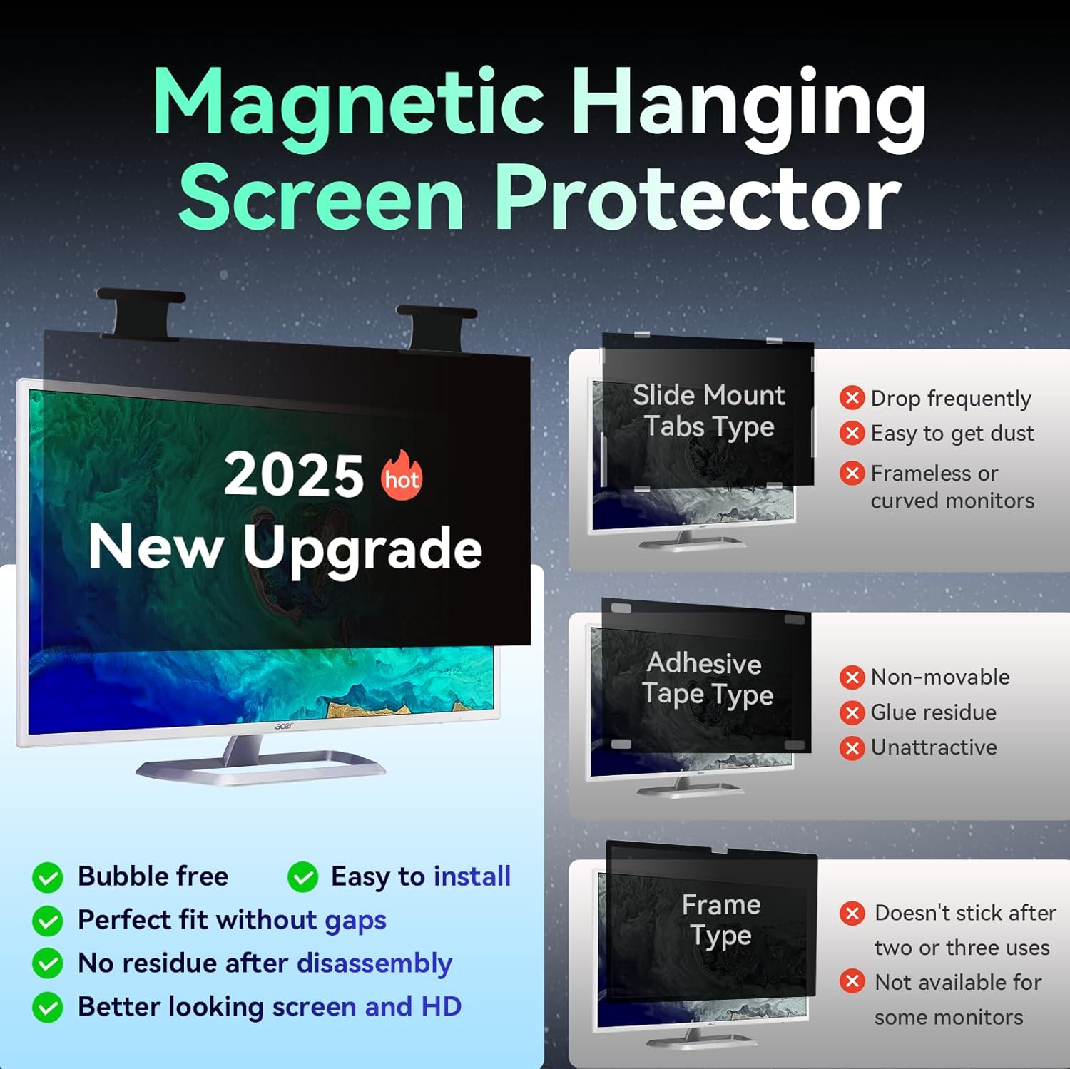 [2 Pack] Magnetic 27 Inch Computer Privacy Screen for 16:10 Aspect Ratio Widescreen Monitor, Hanging Eye Protection Anti Glare Blue Light Computer Monitor Privacy Filter, Removable 27in Protector Film