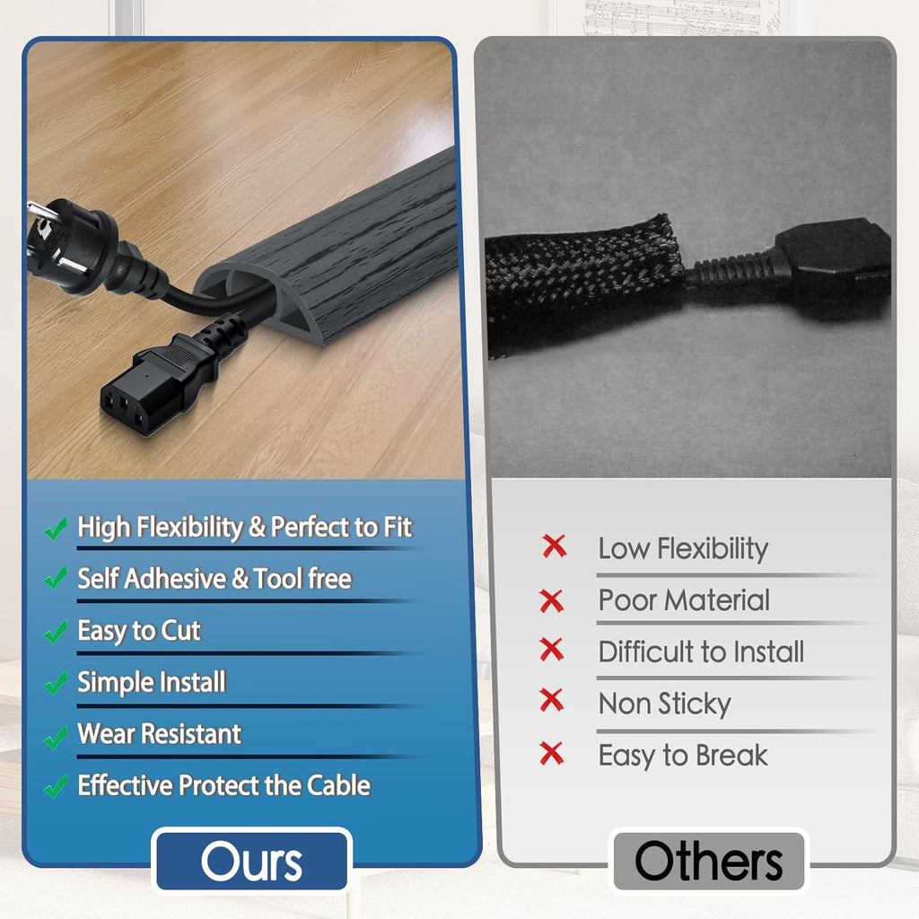 Floor Cord Cover for Wires on Floor Self Adhesive Cord Hider Floor Cable Management Wire Covers for Cords Protector Prevent Cable Trips Cord Cavity W 0.59" x H 0.31", Deep Gray Wood, 20Ft