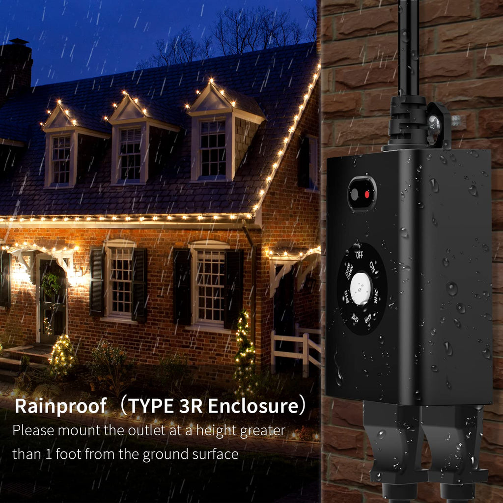 Minoston Outdoor Timer Outlet Waterproof 2 Pack, Dusk to Dawn Photocell Light Sensor Socket, 2/4/6/8 Hours Cutdown Timer, 2 Grounded Outlets for Christmas and Hallowen Deceration, Black(MP40T)