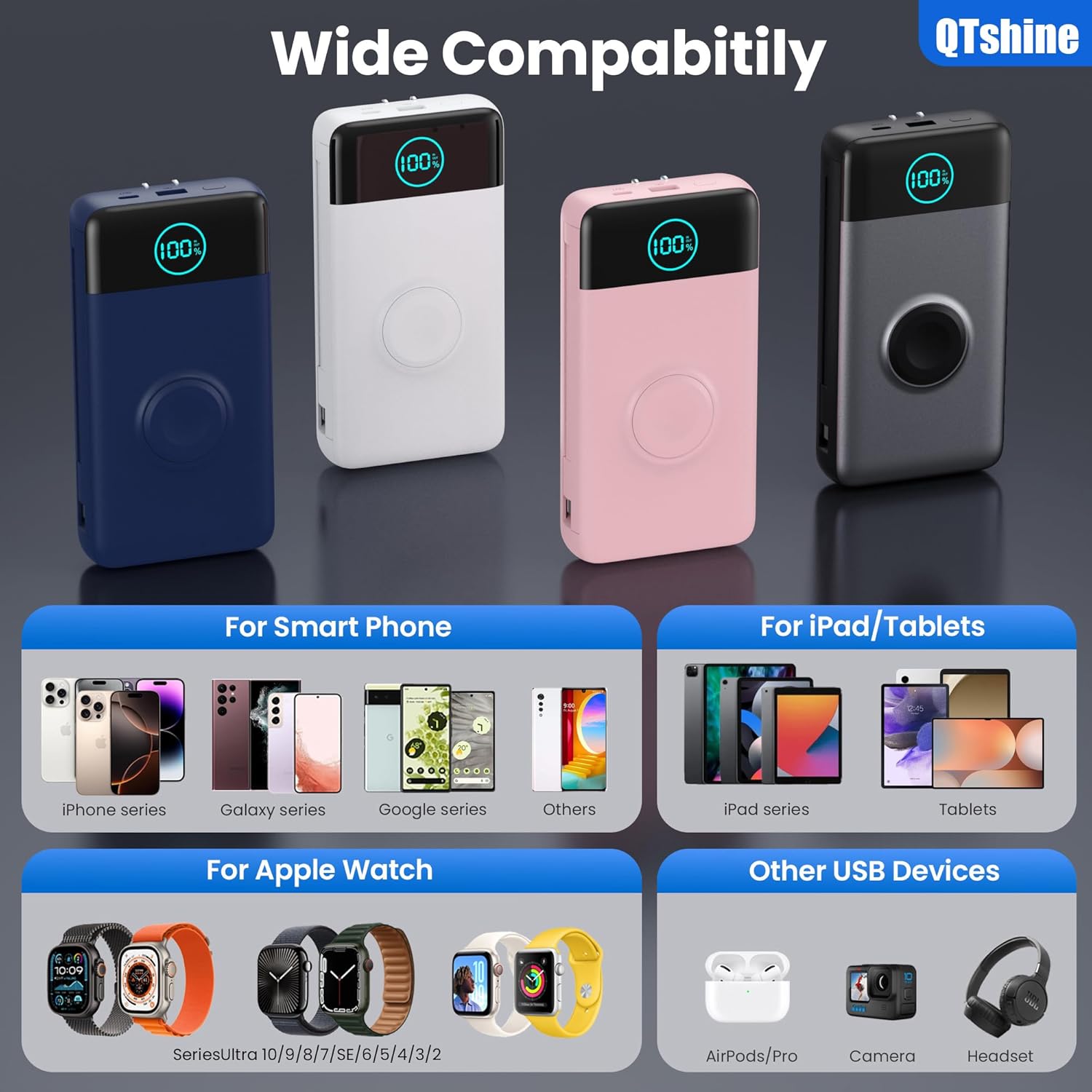 Portable Charger 40800mAh Power Bank with Built-in Cables,Wall Plug and iWatch Charger,6-in-1 QC4.0+25W PD USB C Fast Phone Charging,LCD Display Battery Pack for iPhone 16/15,Apple Watch,Galaxy-Pink