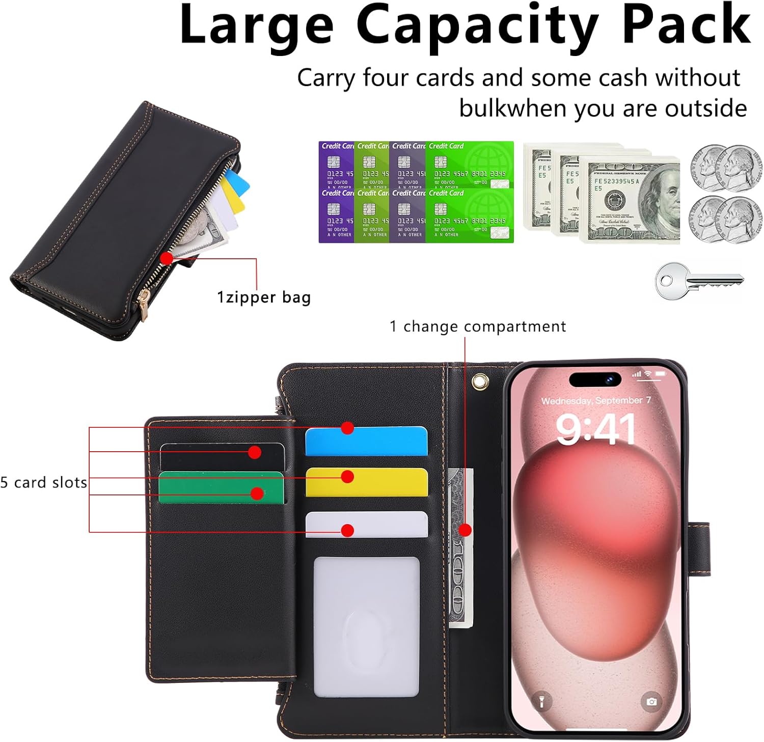 Compatible with iPhone 13/14 Wallet Phone Case-PU Leather Magnetic Flip Cover with Credit Card Slots,Zipper Pocket & Detachable Wrist Strap,Shockproof Design,for Women and Men-Black